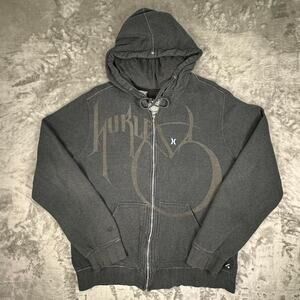 Distressed Vintage Y2K Hurley Big Logo Grey/White Stitching Full-zip Hoodie L